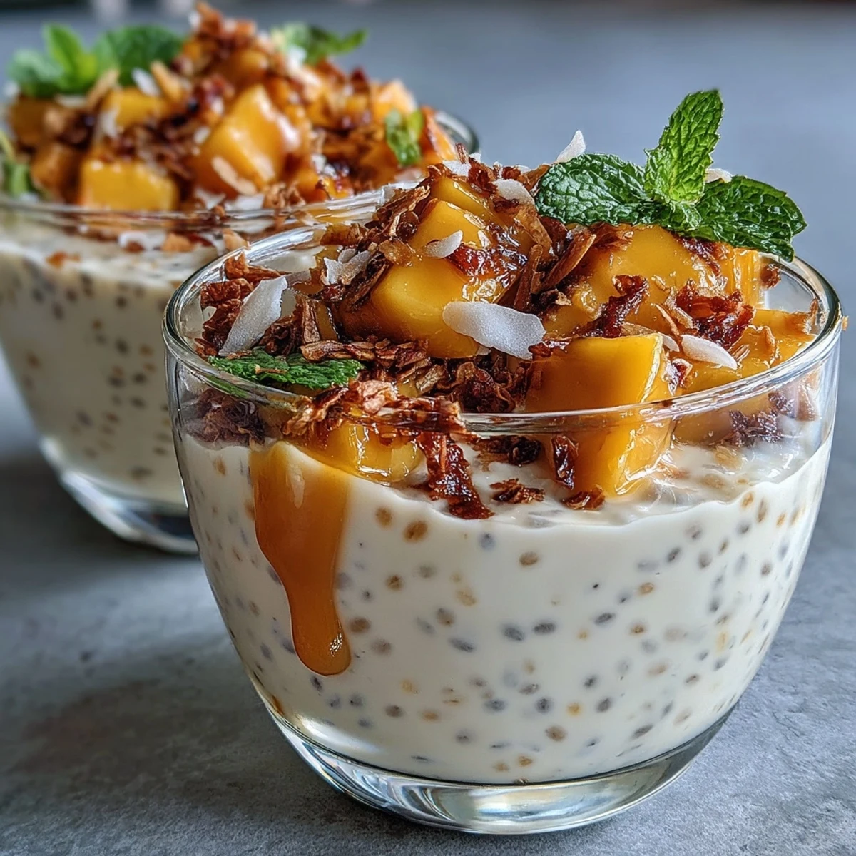 Creamy vegan chia pudding cups with fresh mango purée and coconut milk, a tropical dessert inspired by classic mango sago.