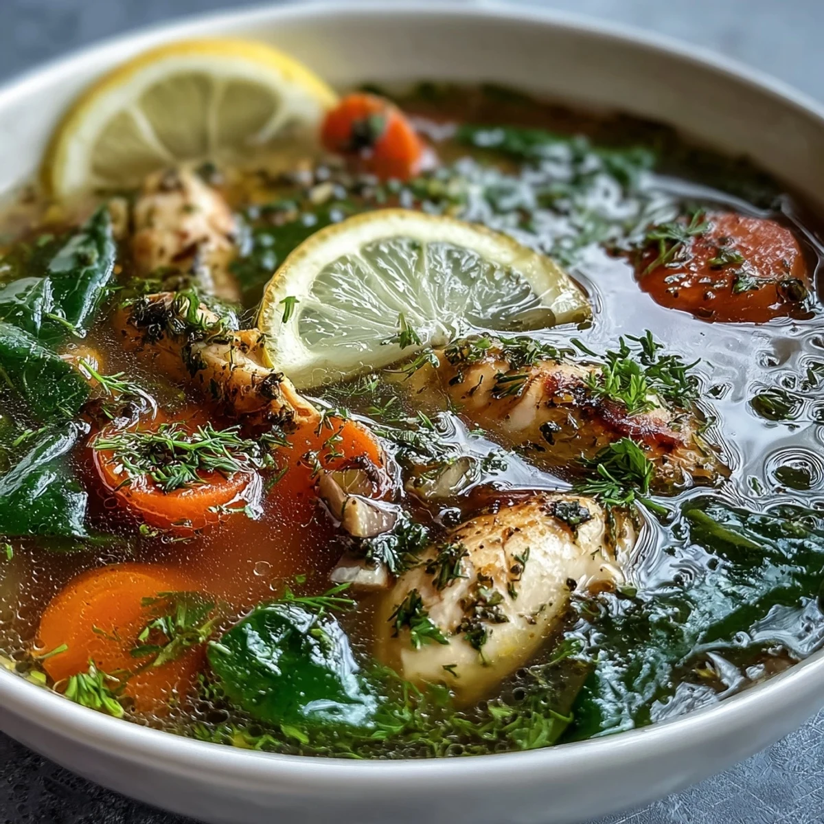 Hearty One-Pot Chicken and Veggie Detox Soup with tender chicken, vibrant greens, and zesty lemon slices in steaming bowl.  
