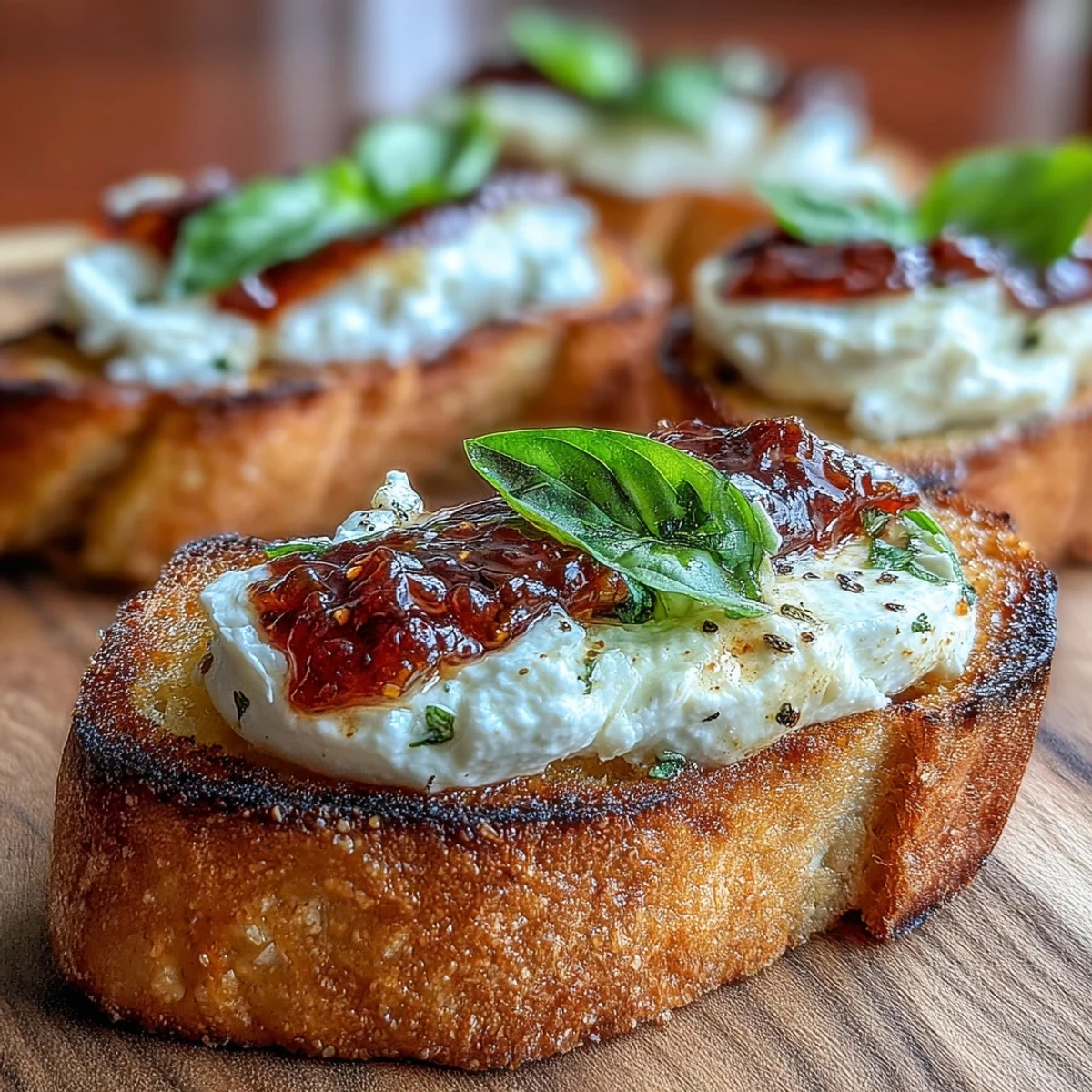 Crispy baguette slices topped with creamy goat cheese and sweet-spicy chili jam, garnished with fresh basil leaves.