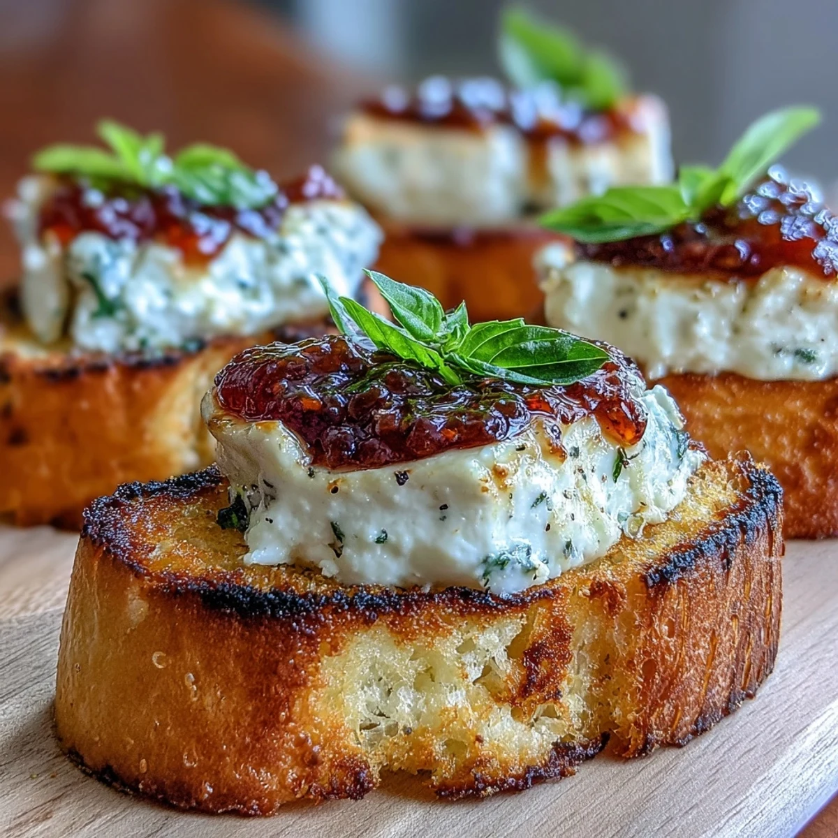 Warm bruschetta with rich goat cheese spread, drizzled with chili jam and sprinkled with black pepper for extra kick.