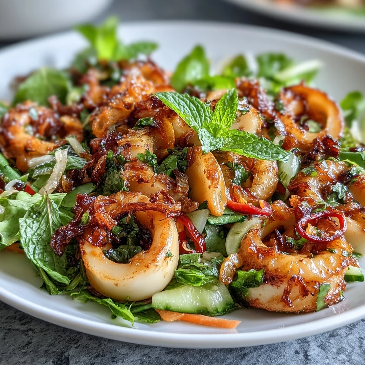 Colorful Asian fusion squid salad with chilli-lime dressing, garnished with crispy shallots and served with fresh lime wedges.