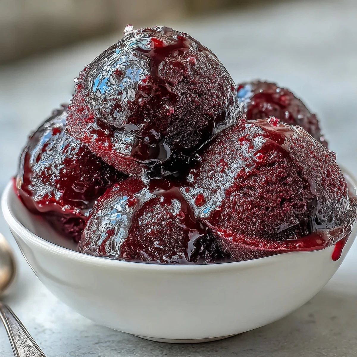 A vibrant black currant sorbet with a deep purple hue, served in chilled bowls for a refreshing summer dessert.  