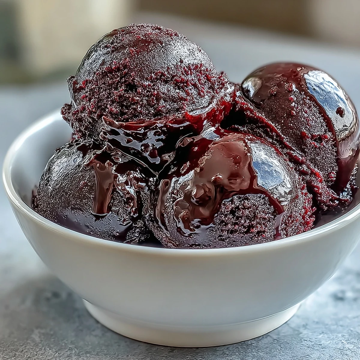 Smooth and tangy black currant sorbet, garnished with fresh mint leaves, perfect for cooling off on a hot day.  