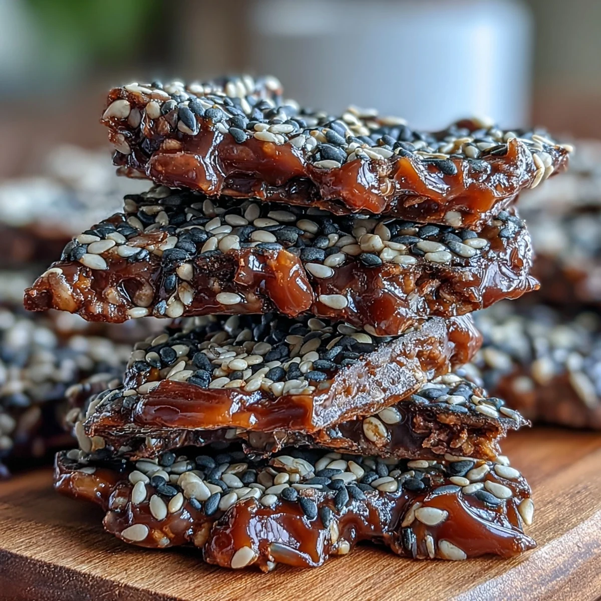 Crunchy black sesame brittle with toasted seeds in golden caramel, perfect for snacking or dessert topping.  