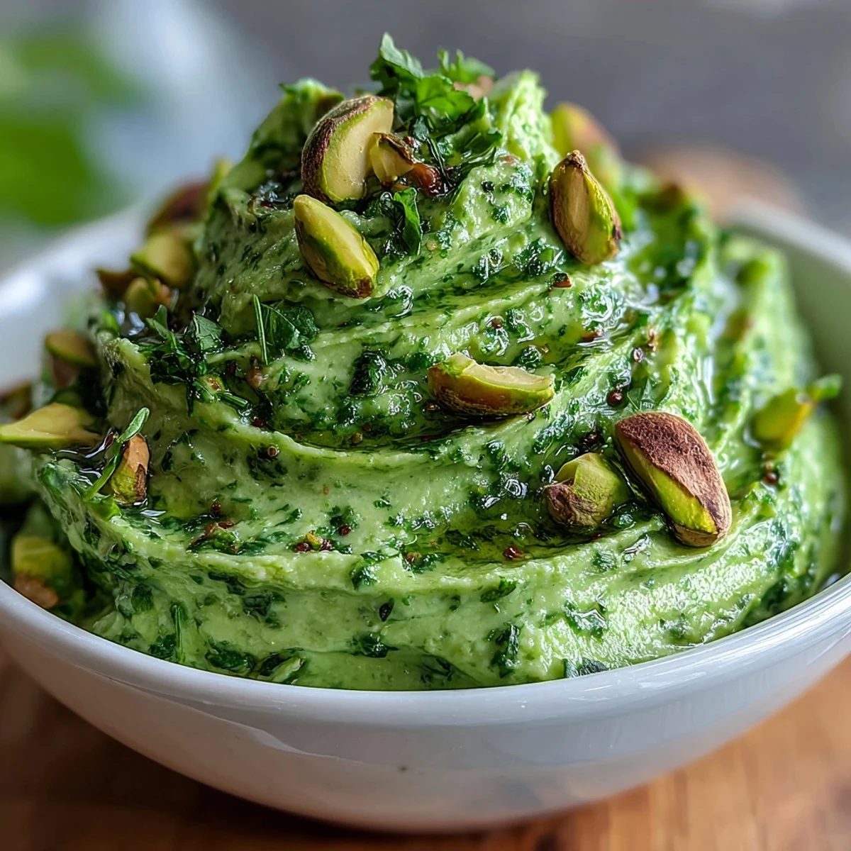 Creamy pistachio pesto made with fresh basil, garlic, and olive oil, served with crusty bread and cherry tomatoes.  