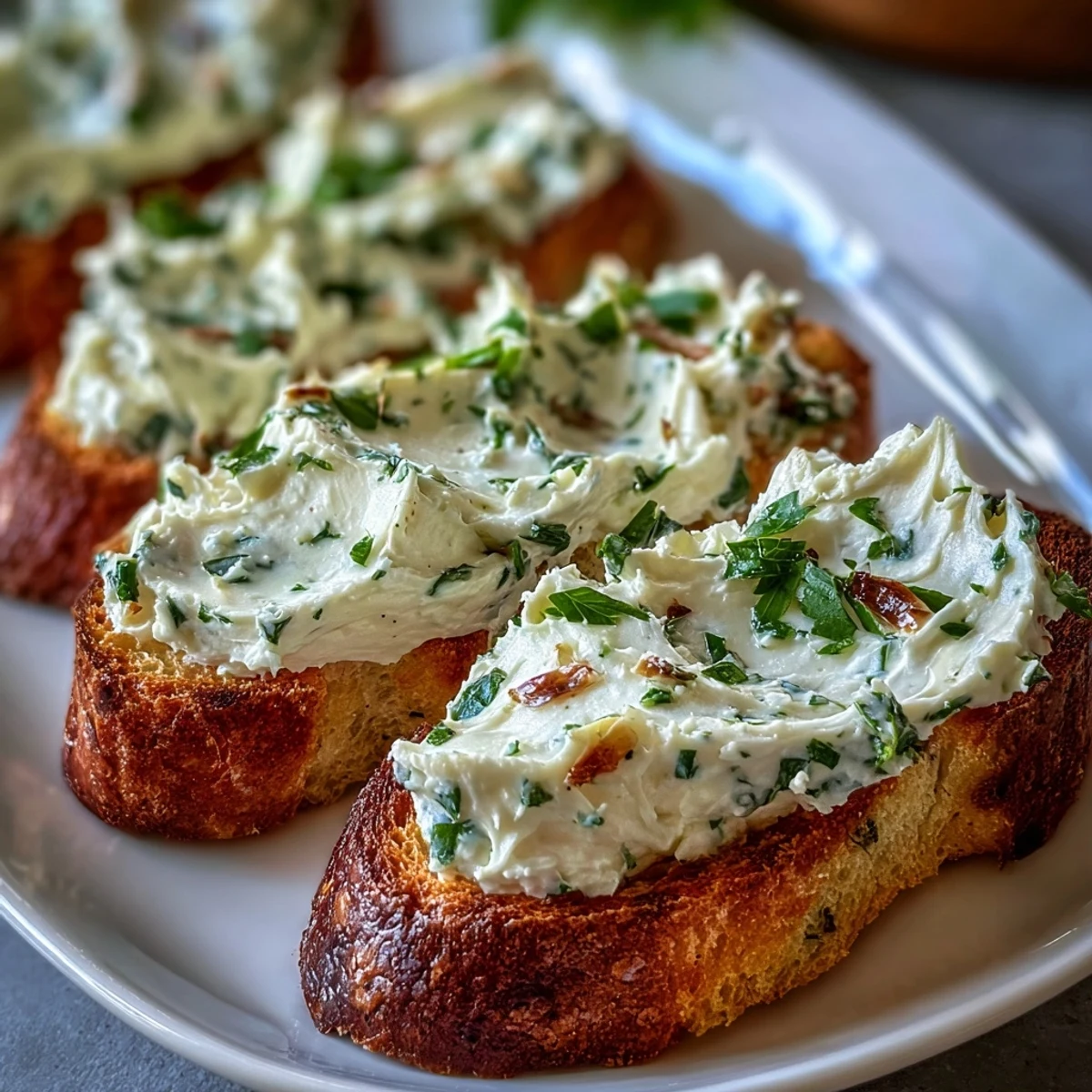 Whipped garlic herb butter infused with roasted garlic, fresh parsley, and chives, ready to serve with warm baguette.  