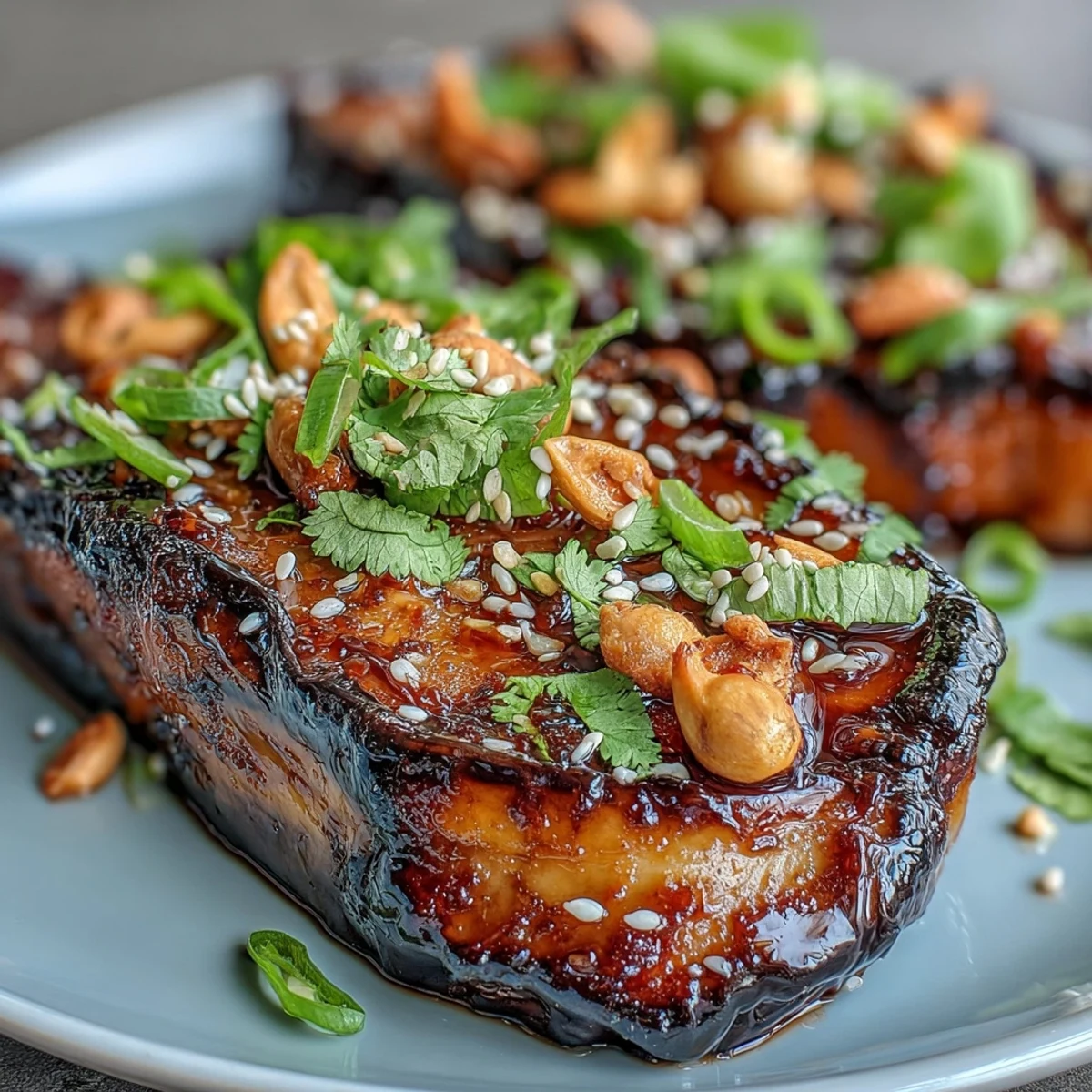Thick eggplant slices roasted until golden, topped with a rich miso glaze and garnished with sesame seeds and green onions.  
