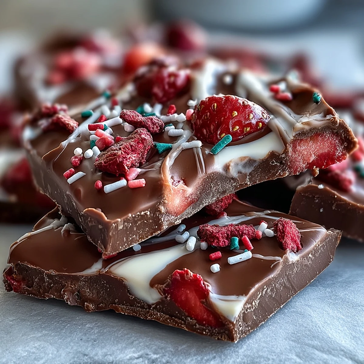 Easy homemade chocolate bark with rich dark chocolate base, creamy white chocolate swirls, and crunchy freeze-dried strawberries for a festive treat.