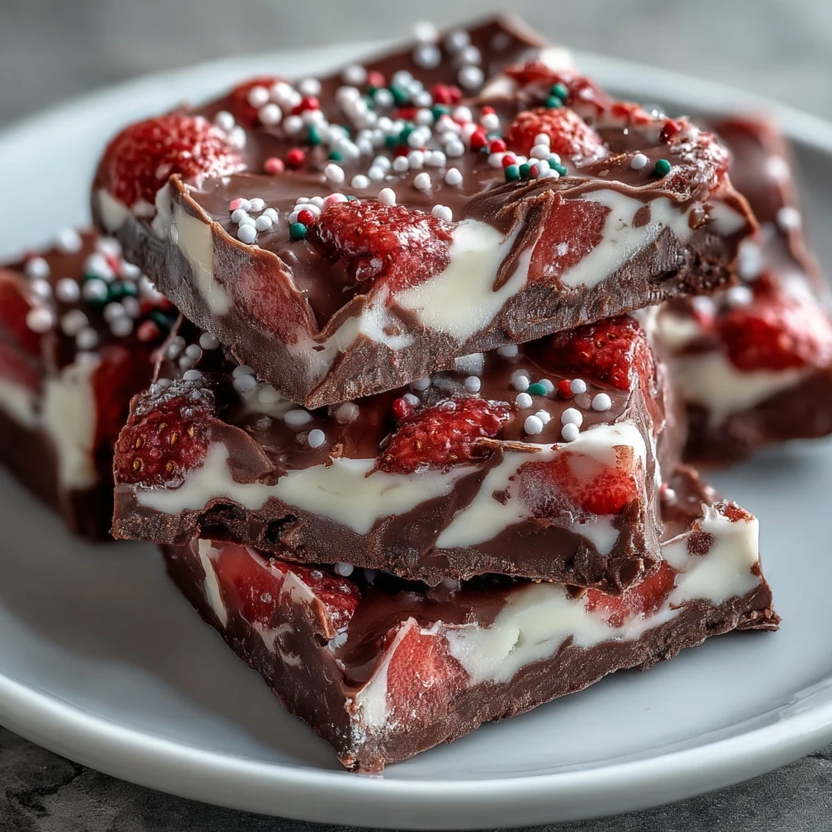 Decadent no-bake chocolate bark featuring marbled dark and white chocolate, studded with vibrant freeze-dried strawberries and colorful Valentine sprinkles.