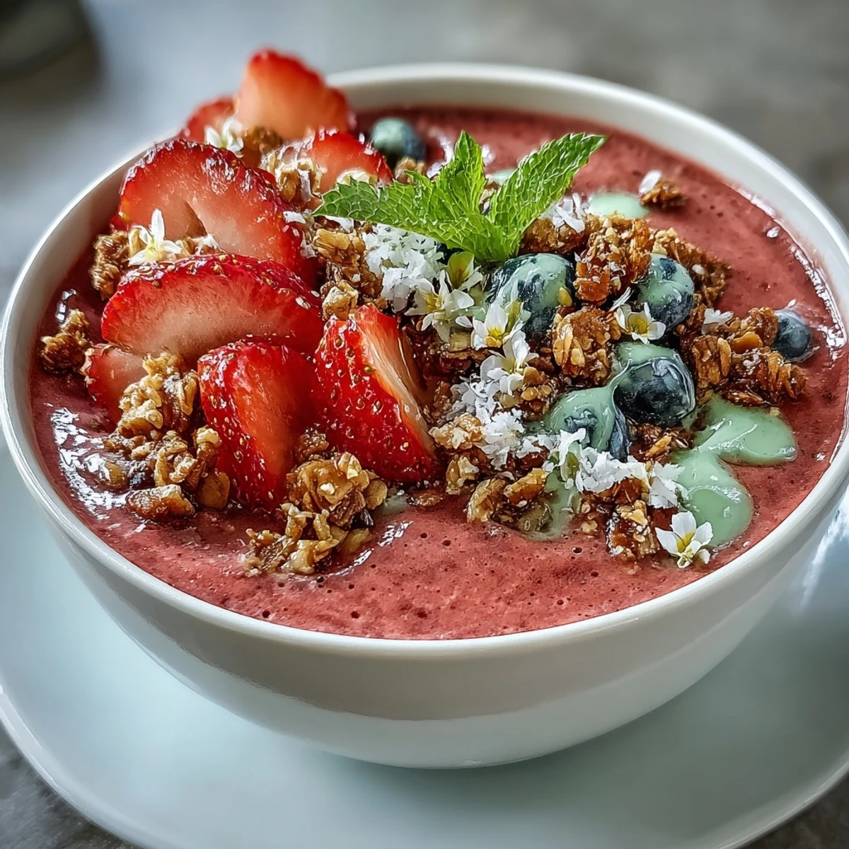 A thick and creamy strawberry smoothie base, artfully garnished with granola, sliced strawberries, and edible flowers for a stunning brunch centerpiece.  