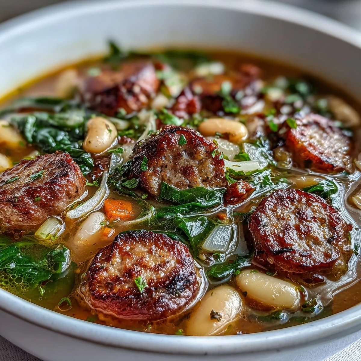 Hearty Tuscan white bean soup with Italian sausage, fresh vegetables, and aromatic herbs in a rich, savory broth.  