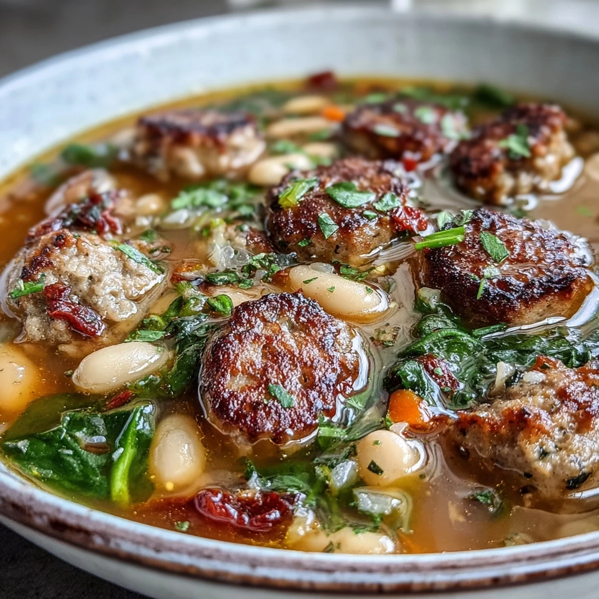 Rustic Italian sausage and white bean soup, brimming with tender vegetables and fragrant herbs—perfect for cozy family dinners.