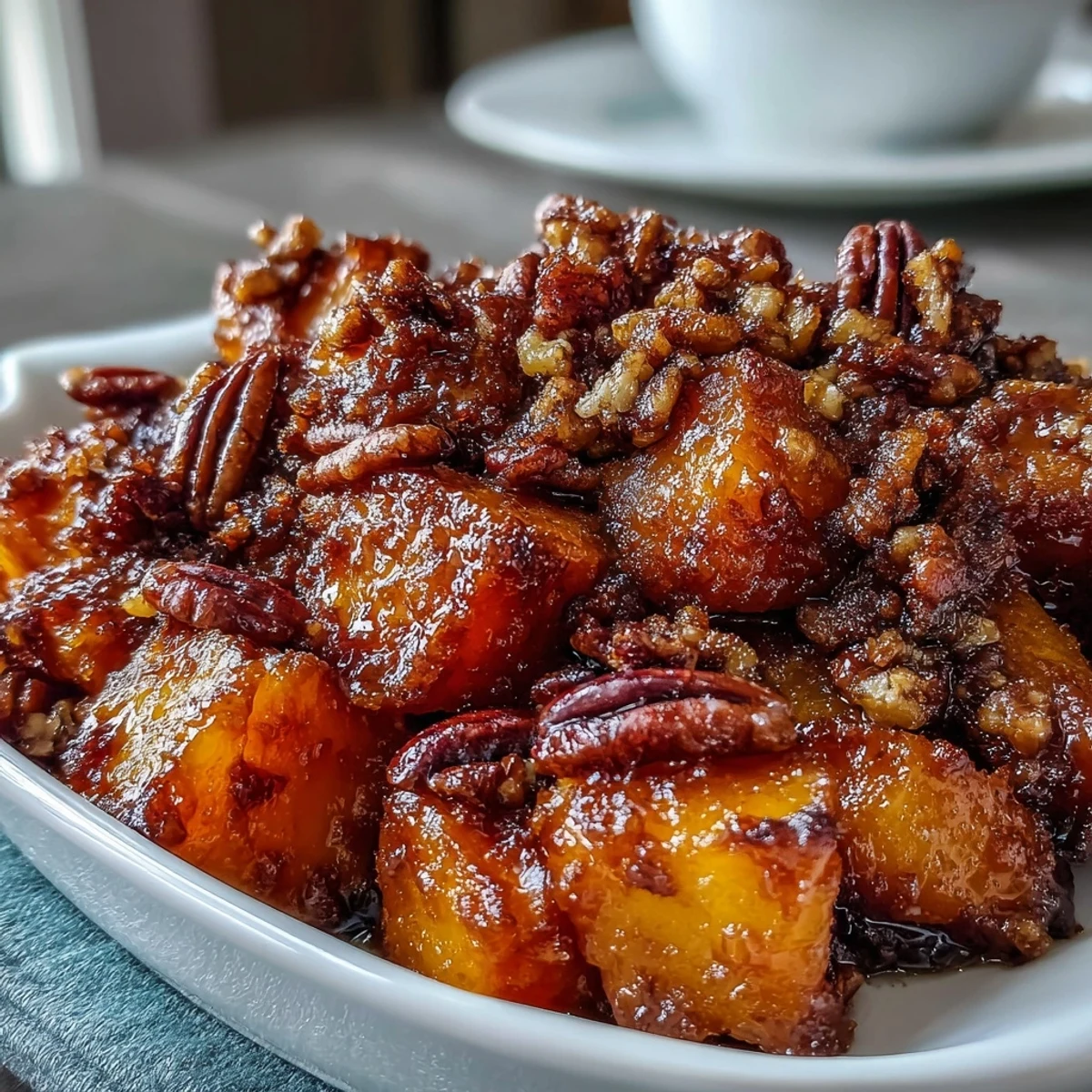 A golden casserole of candied yams topped with a buttery pecan streusel, perfect for holiday gatherings.  