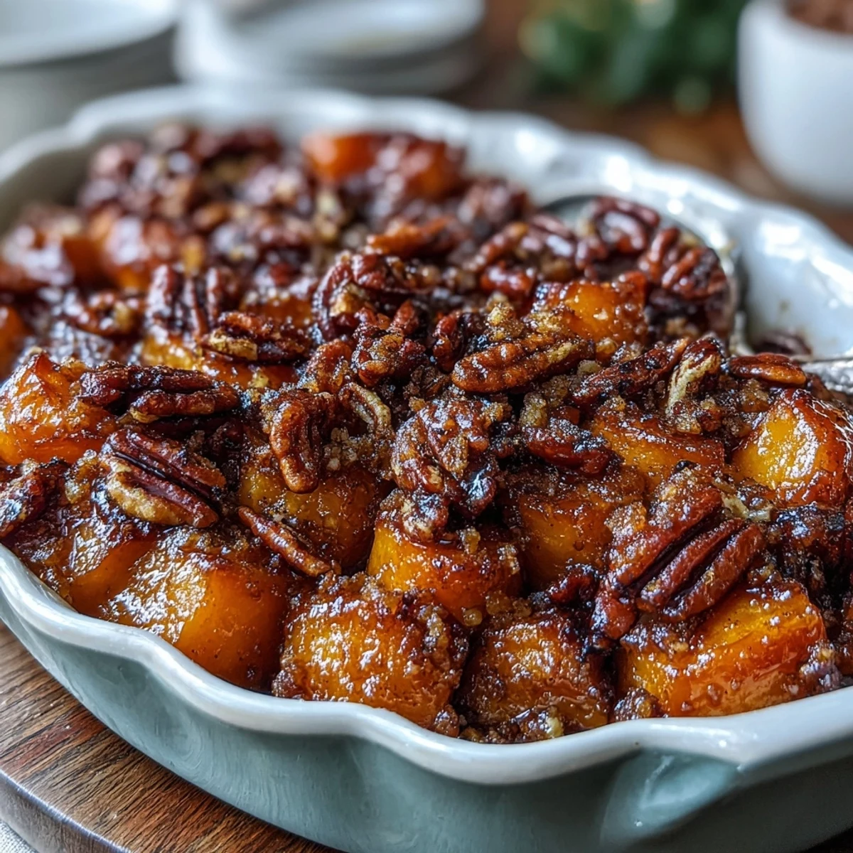 Sweet and creamy candied yams baked with maple and brown sugar, finished with a golden pecan streusel topping.