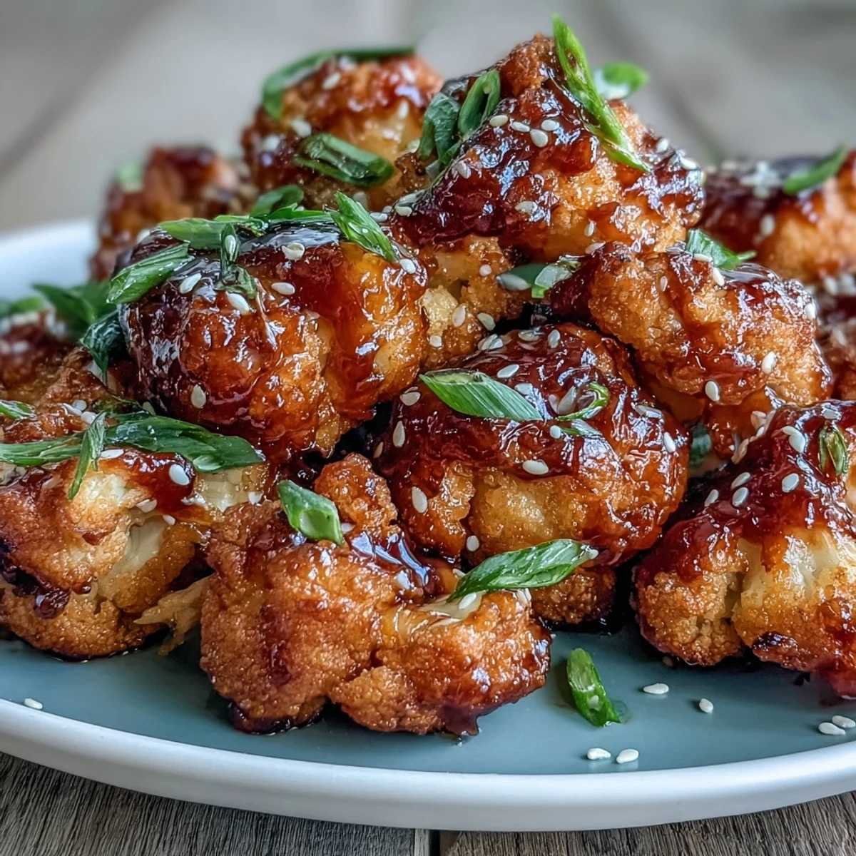 Crispy air-fried cauliflower florets coated in tangy General Tso's sauce, garnished with sesame seeds and scallions.  