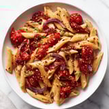 A close-up of savory Baked Tomato & Olive Oil Pasta, a comforting Italian vegetarian meal suggestion.