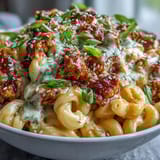 Bowl of Korean-Style Turkey Mac & Cheese featuring golden melted cheddar and savory gochujang turkey.