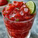 Light Strawberry Daiquiri Slushies served in chilled glasses with fresh strawberry slices and lime wedges on the rim.  