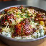 Baked pineapple chicken and rice casserole with golden melted cheese topping, savory and sweet flavors in every bite.