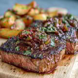 Garlic Butter Steak Bites and Potatoes sizzling in a cast-iron skillet with golden potatoes and fresh herbs.