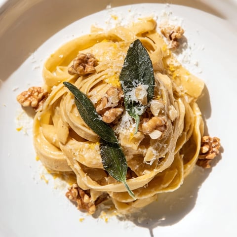Golden Brown Butter Pasta with Walnuts and Sage, ready for sprinkling with Parmesan.