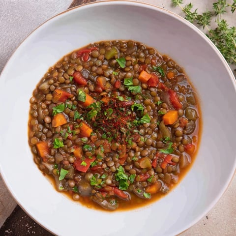A steaming bowl of Abuela's Secret Lentil Stew with Prunes, garnished with fresh parsley.