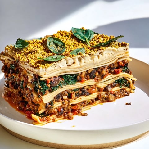 Steaming vegan lasagna with mushroom-spinach Bolognese, layered and golden after baking, ready to be served.
