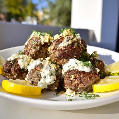 Instant Pot Greek-Style Meatballs with creamy lemon-feta, garnished with parsley and lemon wedges.
