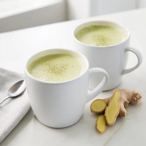 Steaming Coconut Ginger Matcha Winter Immunity Latte, a vibrant green, warm drink for cozy winter evenings.