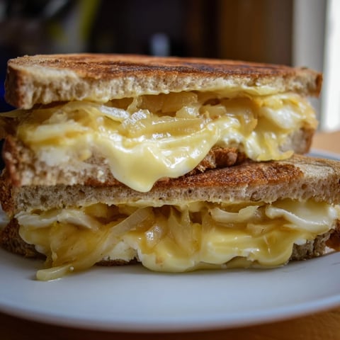 Golden, melted Caramelized Onion, Apple & Cheddar Grilled Cheese, ready for a delicious bite.