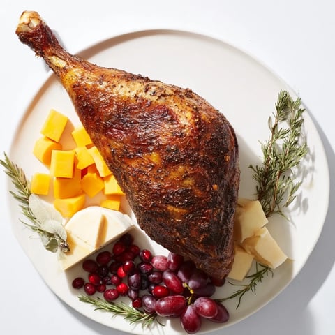 Thanksgiving Turkey Legs Charcuterie board, brimming with roasted turkey legs, glistening fruits, and savory cheeses.