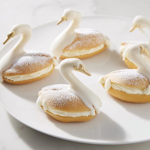 Elegant Swan Petit Fours displayed beautifully, each with delicate fondant and vanilla cream filling.