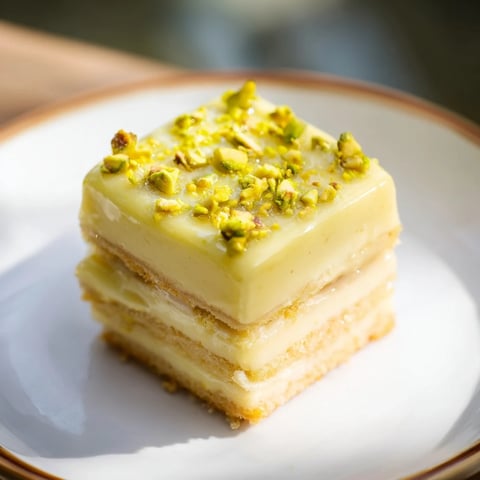 Delectable Grenouille Royale Petits Fours, frosted with citrus glaze and sprinkled with chopped pistachios—a perfect treat.