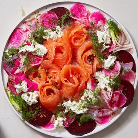 Smoked salmon on a Winter Harvest Board with colorful roasted beets, perfect for a cozy gathering.