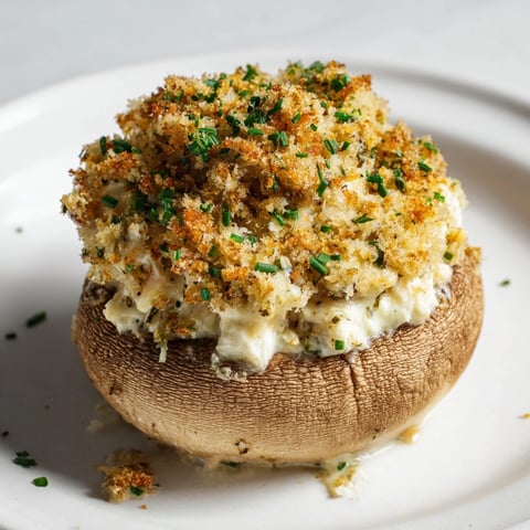 Golden-brown Stuffed Mushroom Caps arranged in a delicious ring with savory cheese filling.