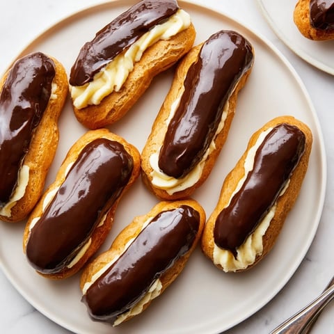 Mini Chocolate Éclairs in a row, a close-up revealing glistening chocolate glaze and creamy filling.