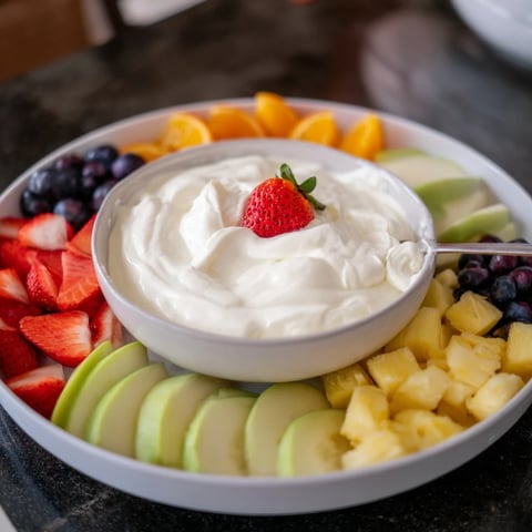 Creamy cream cheese fruit dip in a bowl surrounded by colorful, freshly cut fruit.
