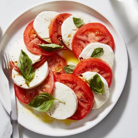 Sliced Tomatoes and Mozzarella Rounds, beautifully layered with fresh basil and drizzled in olive oil, ready to serve.