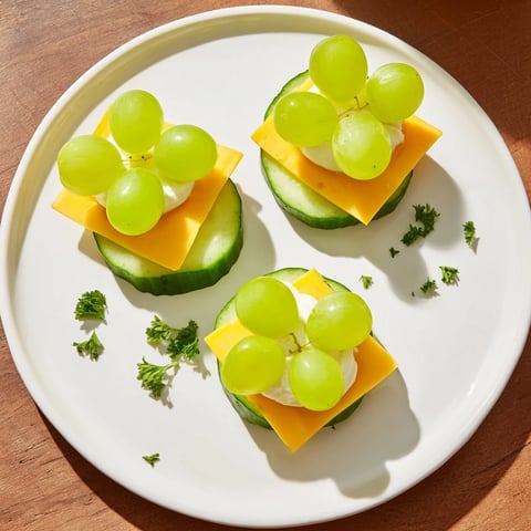 Vibrant Lucky Four-Leaf Clover Snack made with cucumber, cheese, and a fresh green grape center.