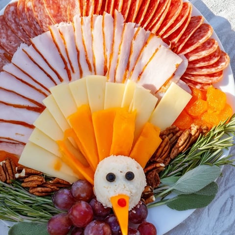 Savory Turkey Tail Fan charcuterie board arranged with meats, cheeses, and colorful garnishes for a Thanksgiving appetizer.