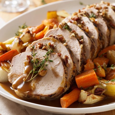 Golden-brown "Chains of the Mayflower" Thanksgiving main dish, turkey and root vegetables linked artfully presented.