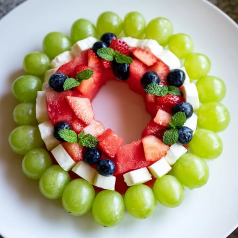 Fresh Summer Watermelon Slice appetizer, with juicy fruit, creamy cheese, and green "rind" grapes.
