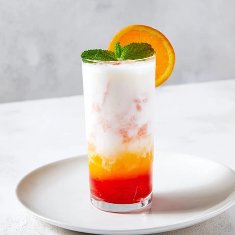 A refreshing Alpine Sunrise mocktail, a layered drink of coconut and vibrant orange hues.