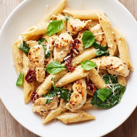 Creamy Tuscan Chicken Pasta with tender chicken, vibrant spinach, and sun-dried tomatoes bathed in a rich sauce.