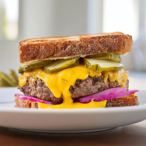 Sizzling Smashed Burger Grilled Cheese, boasting melted cheddar, juicy beef, and golden, buttery bread slices.