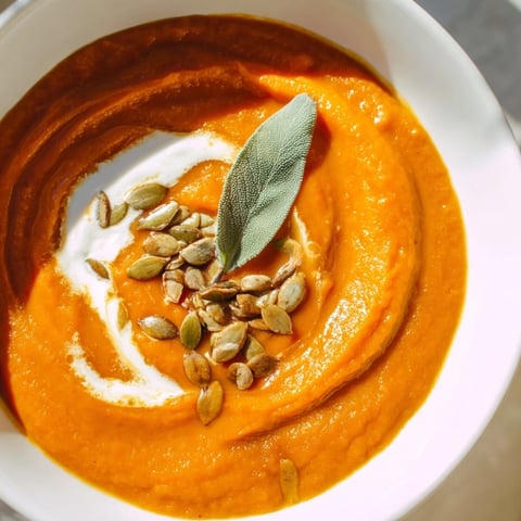 Warm, creamy bowl of butternut squash soup garnished with fresh sage, perfect for fall.
