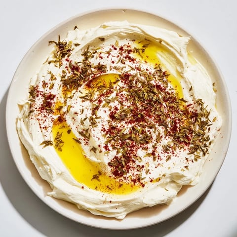 Homemade Levantine labneh cheese drizzled with olive oil, ready to be scooped up with pita.