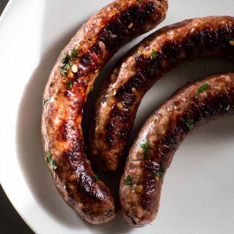 Sizzling grilled Tunisian Merguez sausage, with a vibrant red hue and herbs, ready to serve warm.