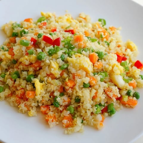 A colorful skillet of Cauliflower Fried Rice with scrambled eggs, peas, and diced bell peppers steaming gently.  