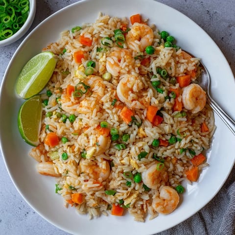Golden shrimp and fluffy jasmine rice tossed with diced carrots, peas, and fresh spring onions in a wok.